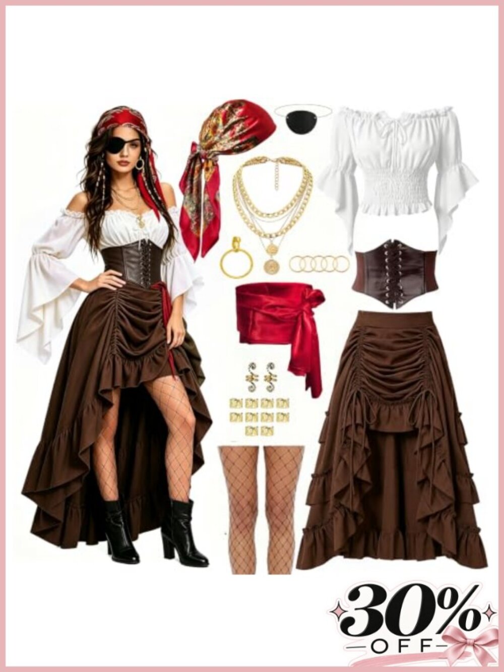 Pirate Costume Women 10 Pcs Off-Shoulder Top Corset Skirt Renaissance Halloween